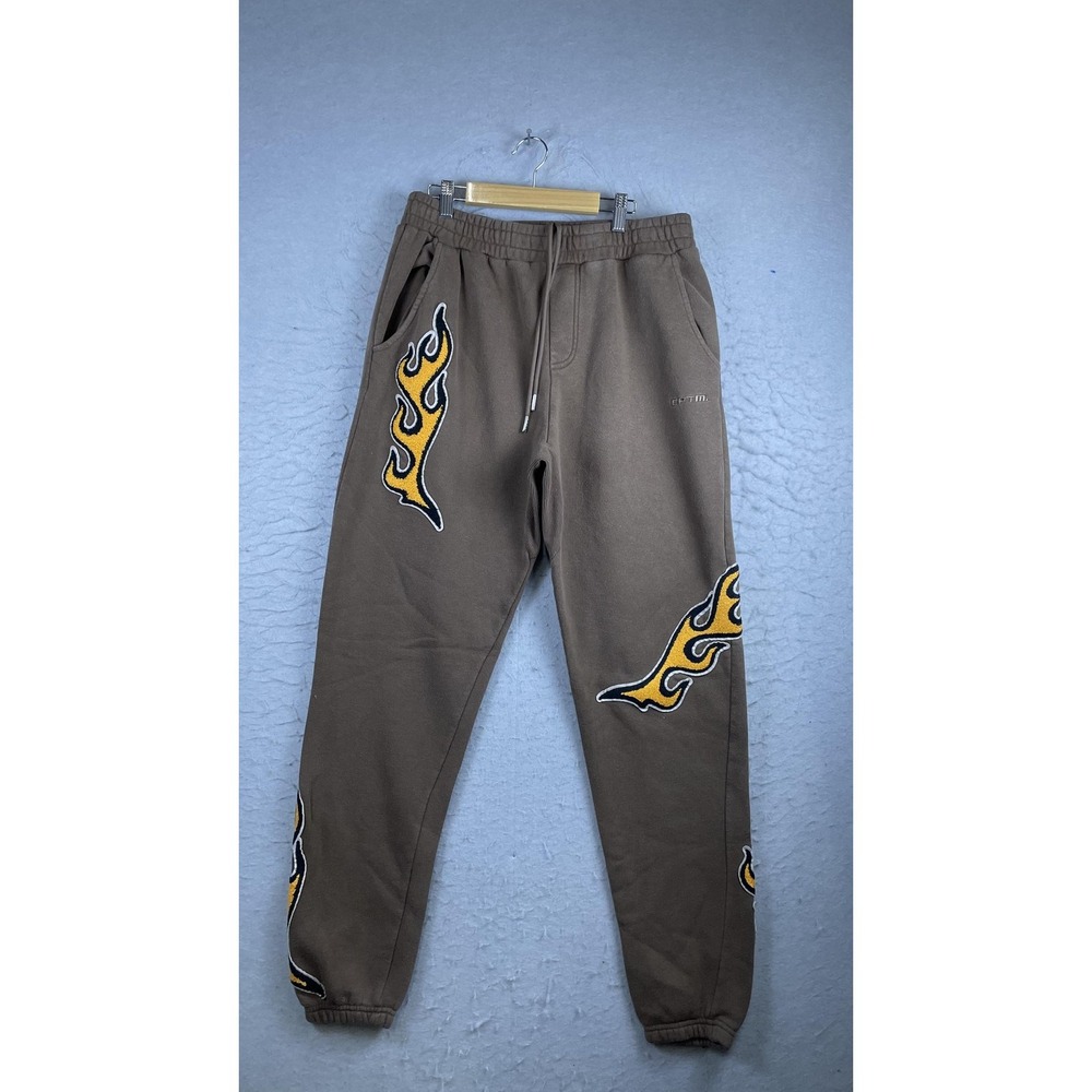 EPTM Sweatpants Mens Large Brown Flame Graphic Fleece Joggers Streetwear
